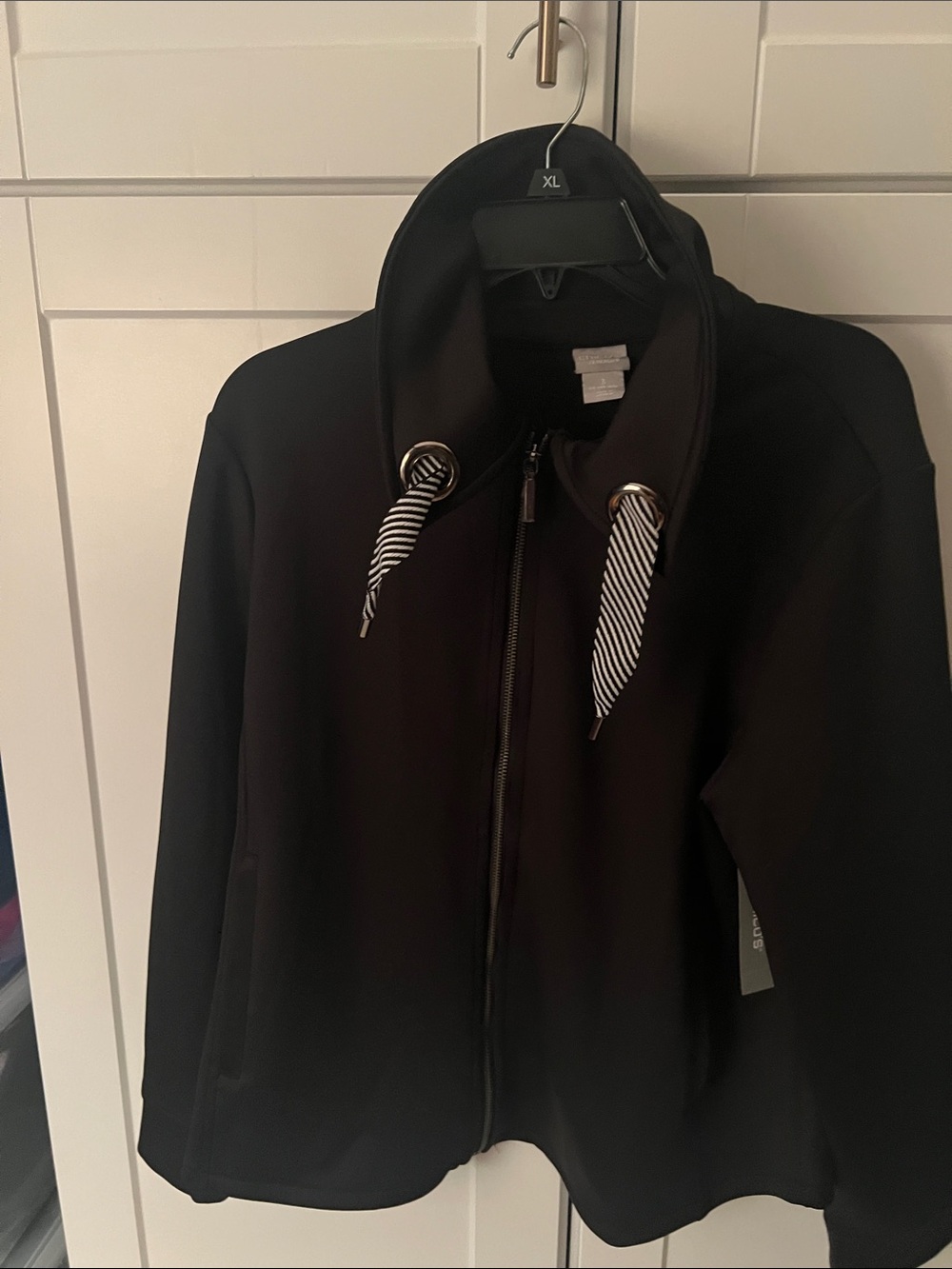 Chico's Black Lightweight Zip Jacket with Striped Drawcords